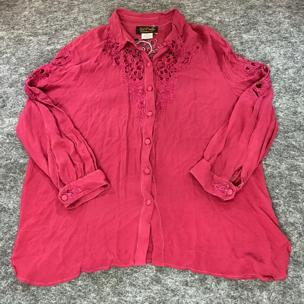 Bob Mackie Wearable Art Lagenlook Pink Boho Embroidered Front Button Blouse 3x